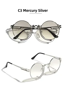 Macro detail of silver steampunk sunglasses featuring dual frame structure and spring hinge