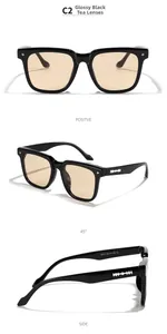 Detailed views of square black rivet sunglasses with brown lenses from multiple angles