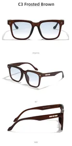 Detailed views of matte brown square sunglasses with star rivets and blue gradient lenses
