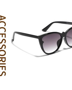 Detail of inner temple with model number on black cat-eye sunglasses with purple lenses
