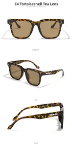 Detailed views of tortoise shell square sunglasses with silver hollow temple accents