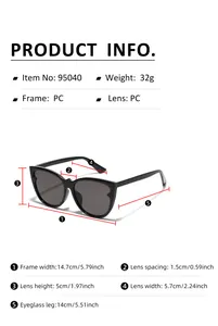 Detailed size chart for cat eye sunglasses showing dimensions and PC material specifications