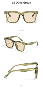 Three-way view of olive green square sunglasses with metal blade detail on the temple