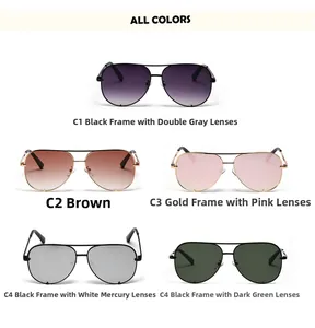 Flat lay collection of aviator sunglasses in various frame and lens color options
