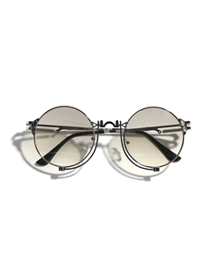 Steampunk round metal frame sunglasses with gradient grey lenses and double bridge