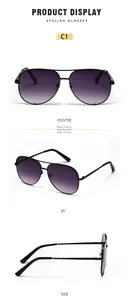 Black metal aviator sunglasses with gradient grey lenses shown from multiple view angles