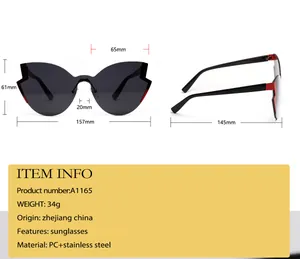 Detailed size chart for oversized cat-eye sunglasses featuring exact frame dimensions