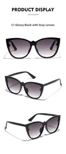 Detailed views of cat-eye sunglasses in shiny black frame with gradient grey lenses