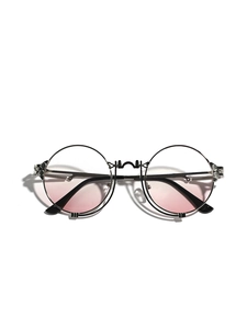 Retro steampunk round metal sunglasses with pink gradient lenses and double frame detail