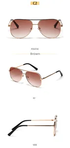 Detailed views of gold pilot sunglasses with brown gradient lenses and metal frame