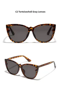 Detailed views of cat-eye sunglasses with tortoiseshell frames and dark grey lenses
