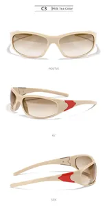 Vista tripla di occhiali Y2K beige con dettaglio fulmine rosso sulle aste, mod. Y2088