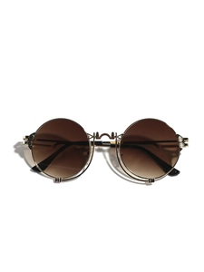 Retro steampunk round metal sunglasses with brown gradient lenses and gold-red frame