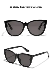 Detail of C3 bright black cat eye sunglasses showing gray lenses and unique wave hinge design