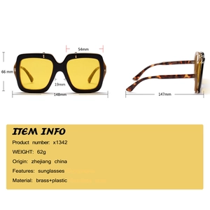 Detailed size specifications for square frame sunglasses with brass and plastic materials