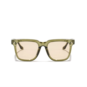 Square oversized sunglasses in olive green frame with metal cross rivets and amber lenses