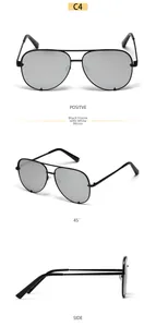 Three-way view of aviator sunglasses with black metal frames and silver mirror lenses