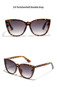 Detail view of tortoiseshell cat-eye sunglasses with gradient grey lenses from two angles