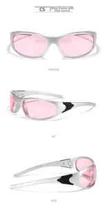 Tre viste di occhiali da sole sportivi Y2K argento con lenti rosa dallo stile futuristico