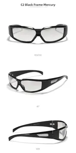 Drei-Ansichten-Detail der Y2K Sportsonnenbrille mit silbernen Gläsern und schwarzem Rahmen