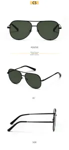 Detail view of black metal frame aviator sunglasses with dark green lenses in three angles
