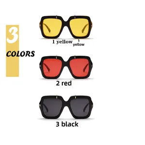 Detailed view of three colored square sunglasses with rabbit metal decor and thick frames
