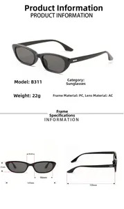 Detailed size chart for rectangular PC sunglasses showing frame dimensions and weight specs