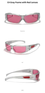 Detailansicht der silbernen Y2K-Sportsonnenbrille mit roten Gläsern und Seitenlogo