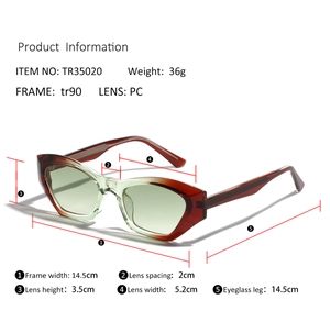 Specifiche delle lenti da sole cat-eye in TR90 con dettagli su peso e dimensioni reali