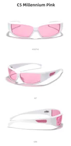 Detailansicht der Y2K-Sportsonnenbrille mit rosa Gläsern aus verschiedenen Winkeln