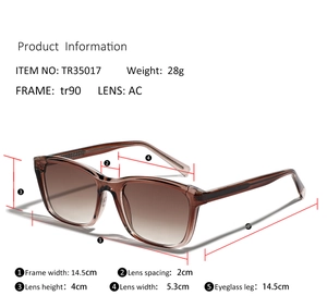 Detaillierte Größentabelle mit TR90-Rahmenmaßen für elegante Sonnenbrille mit Farbverlauf