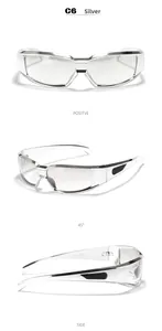 Detaillierte Ansichten der silbernen Y2K-Sonnenbrille von vorne, im 45-Grad-Winkel und seitlich
