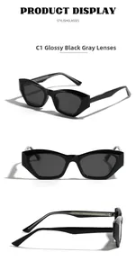 Dettaglio degli occhiali da sole cat eye TR90 con lenti grigie e codice modello
