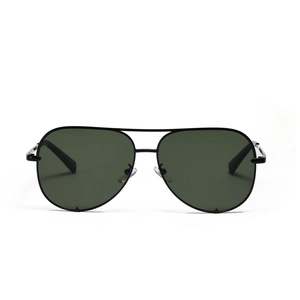 Classic aviator sunglasses with black metal frame and dark lenses on white background