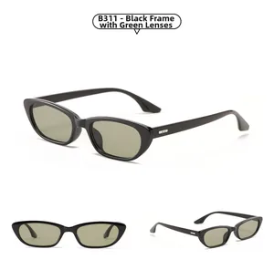Detailed three-view shot of B311 vintage square sunglasses with black frame and green lenses