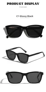Detailansicht der glänzenden schwarzen TR90-Sonnenbrille mit Nieten und UV-Gläsern