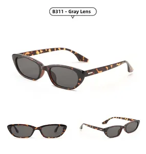Detailed view of narrow tortoiseshell sunglasses B311 with dark gray lenses