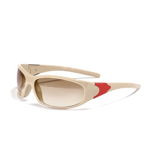 Occhiali da sole sportivi Y2K futuristici con montatura beige opaca e lenti marroni