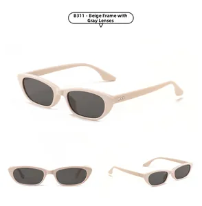 Three-angle view of vintage narrow square beige sunglasses with grey lenses and metal accents
