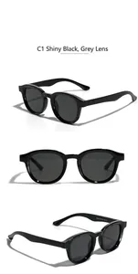 Trois vues de lunettes de soleil rondes noires avec verres gris et fini poli