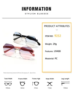 Detailed size chart for rimless polygon sunglasses with UV400 PC frame measurements
