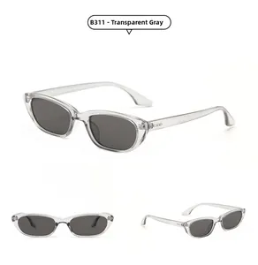 Three-angle views of retro square transparent gray sunglasses with dark lenses