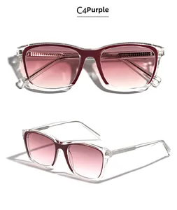 Detailansicht der lila TR90-Sonnenbrille mit Verlaufsgläsern und Spezifikationen am Bügel