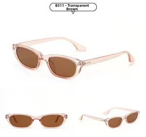 Detail view of model B311 narrow square sunglasses in transparent tea pink resin frame