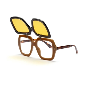 Vintage tortoiseshell double layer flip-up sunglasses with yellow lenses and amber frame
