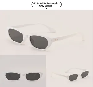 Macro detail of retro small square sunglasses B311 with white frame and grey lenses