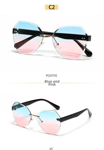 Detail of rimless polygon sunglasses featuring blue to pink gradient lenses and gold bridge