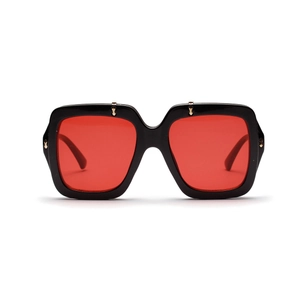 Retro oversized square sunglasses with black frame and transparent red lenses for women