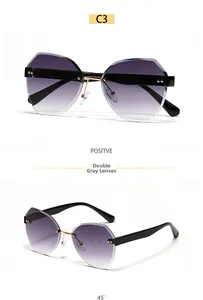 Detail view of rimless polygon sunglasses with purple gradient lenses and gold bridge