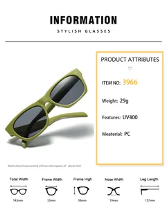 Size chart for rectangle sunglasses showing UV400 PC frame dimensions and 29g weight